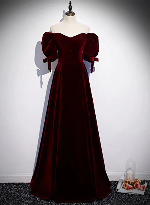 Luolandi Wine Red Velvet Floor Length Short Sleeves Party Dress A-line Bridesmaid Dress Elegant Evening Dress